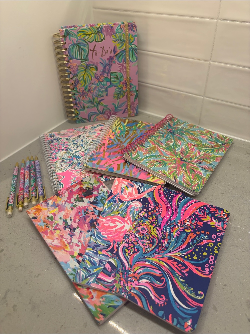 Lilly Pulitzer Bright Pink & Navy Floral Spiral Notebooks π and pencil βοΈ bundle